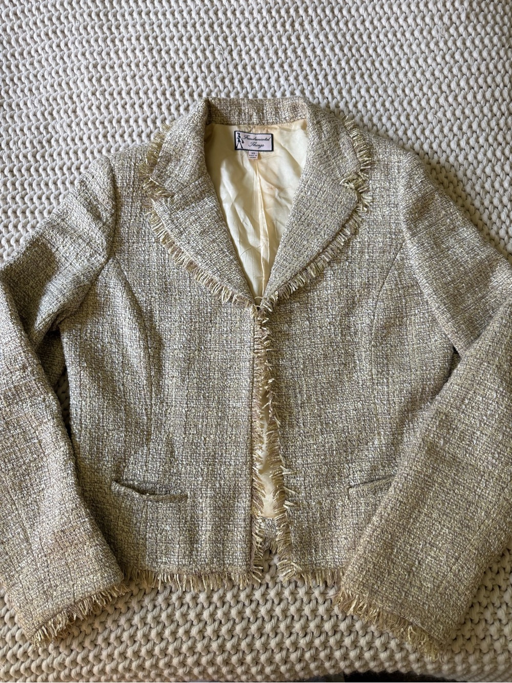 VTG Fundamental Things Fringe-Trim Tweed Jacket in Cream Size 10